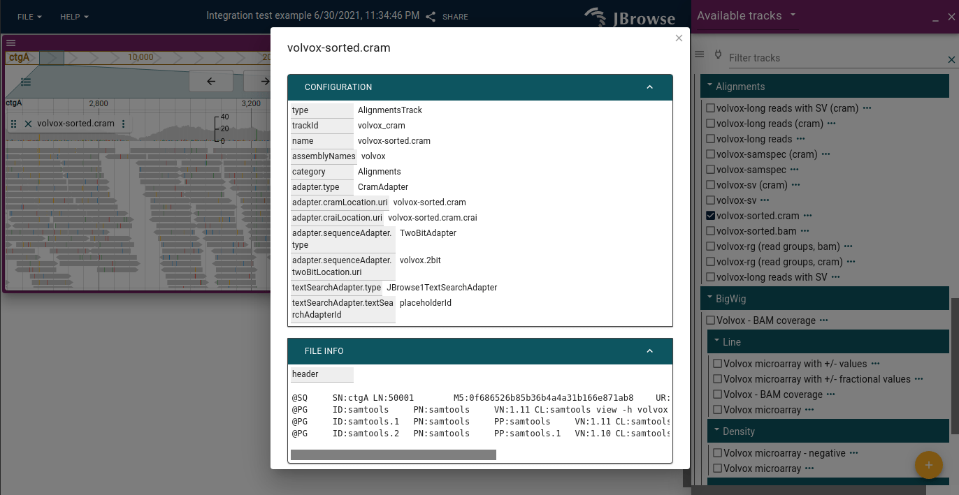 Screenshot of the 'About track' dialog for a CRAM file, showing the full CRAM file header and config info. Having the full header of a BAM/CRAM file available is helpful to easily check what genome it was aligned to, for example.