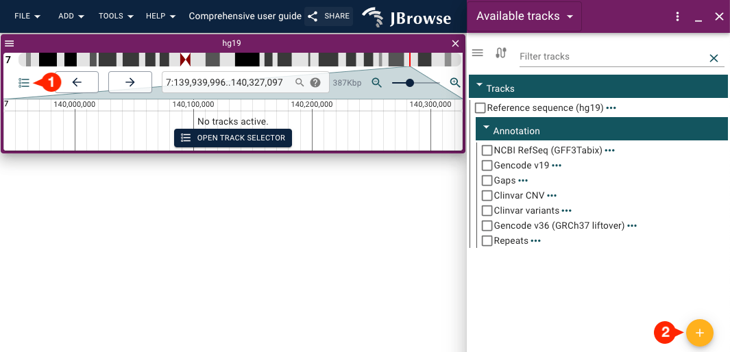 (1) Open the 'Available tracks' widget with the button on the far left of the linear genome view. (2) The orange plus (+) icon button in the bottom right the 'Available Tracks' widget can also be used to launch the 'Add a track' form.