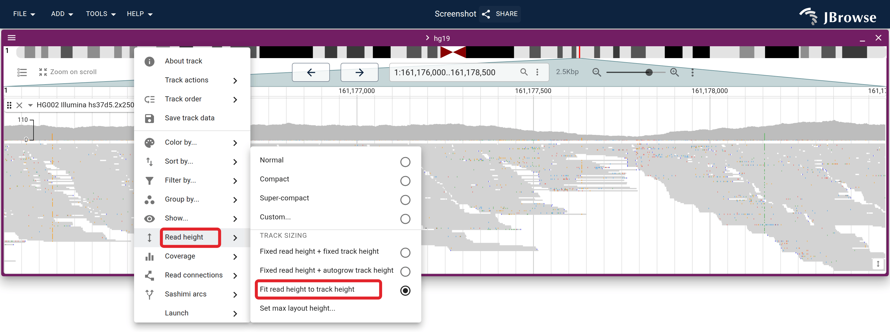 The Track sizing options inside the Read height submenu, with Fit read height to track height selected. Because the size is computed while fitting, none of the presets above it read as selected.