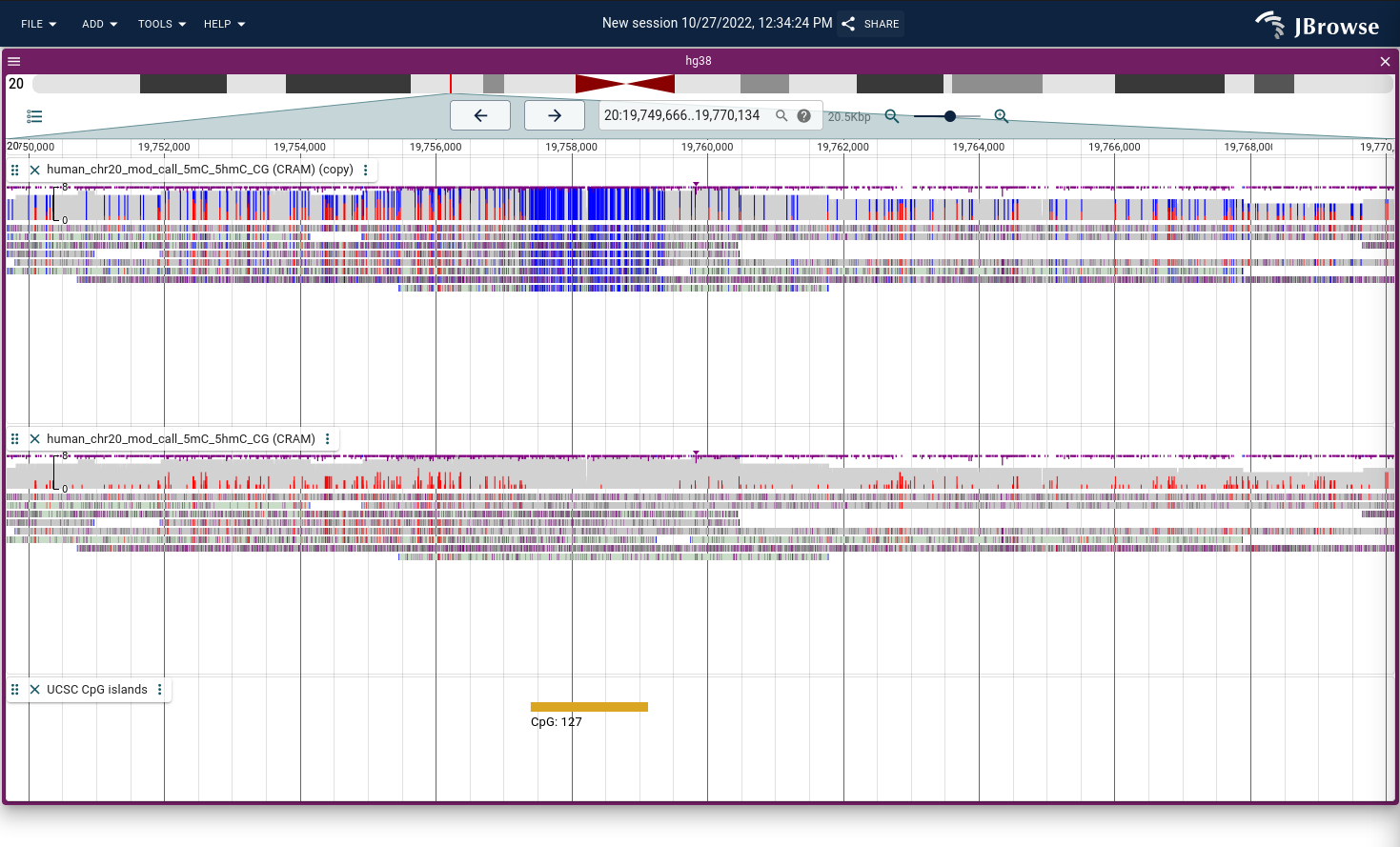 Screenshot showing the same track in both modifications mode and methylation mode.