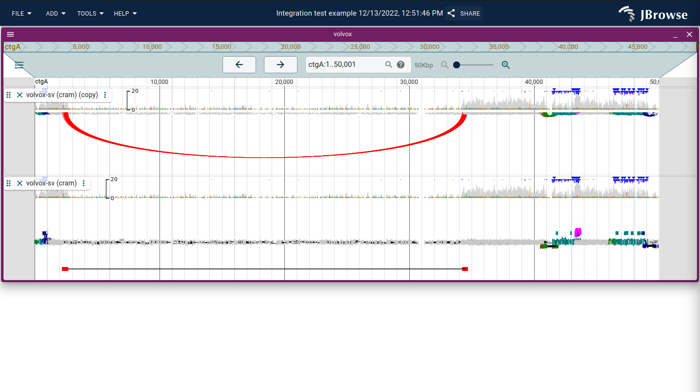 The 'Arc display' and 'Read cloud' being shown for the same dataset, showing some synthetic SVs on our sample volvox data. The read cloud display uniquely shows insertion (pink pairs) better than the arc display.