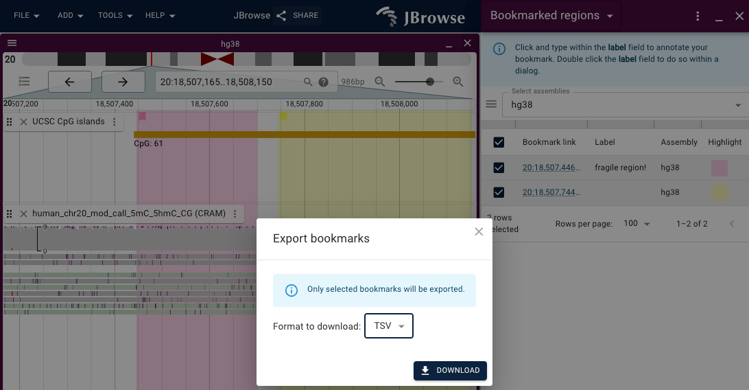 Exporting a list of regions to a TSV file.