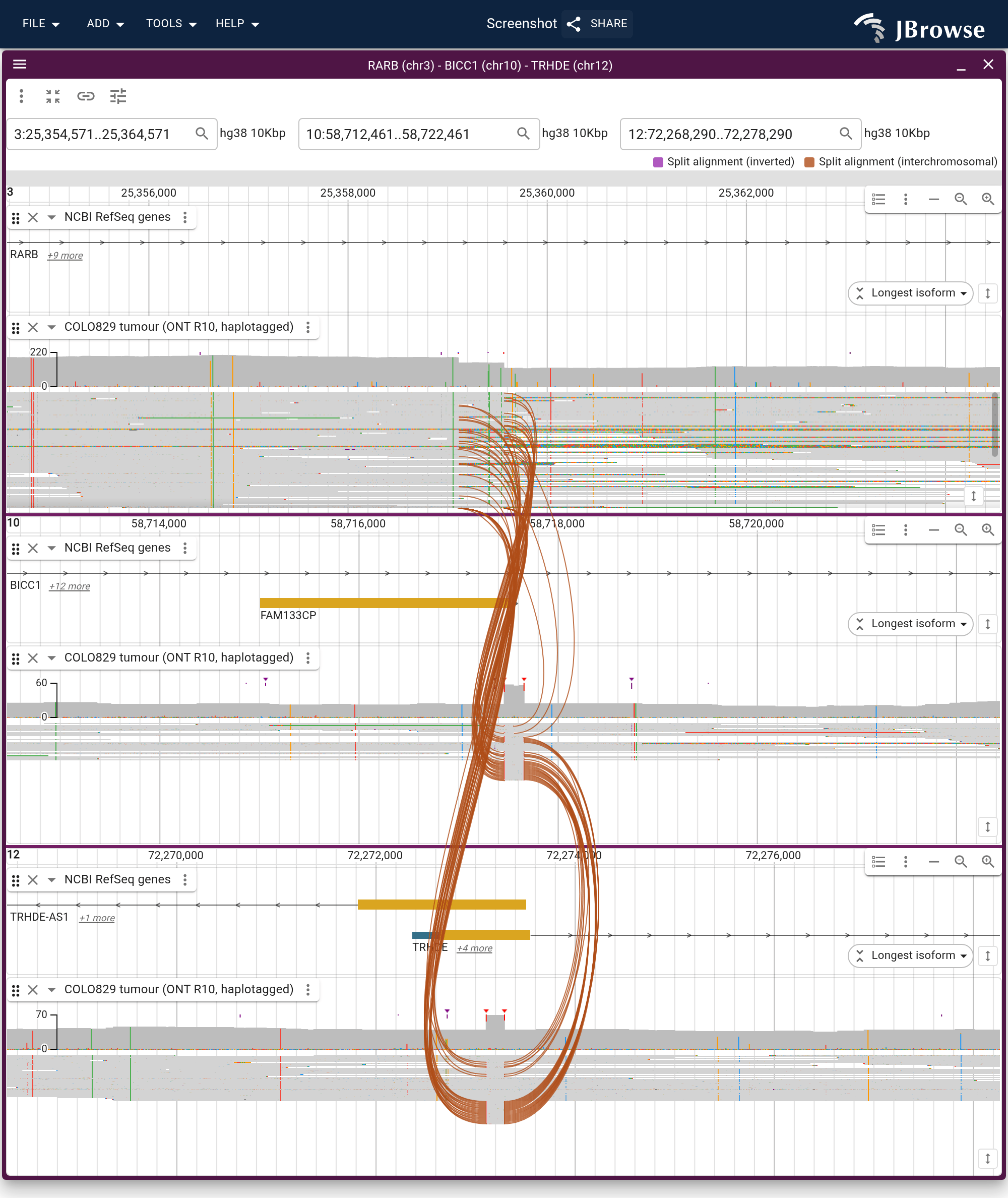 A COLO829 chain through chr3, chr10 and chr12 and back to chr3, one panel per locus with the tumor pileup in each. The splines connect the same molecules from panel to panel, in the order the reads cross the junctions.