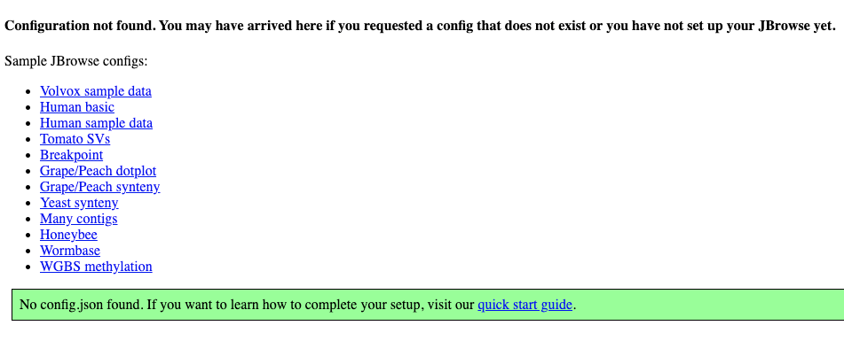 Screenshot of the 'no config.json found' screen of JBrowse web. This is what you will see when first spinning up JBrowse web.