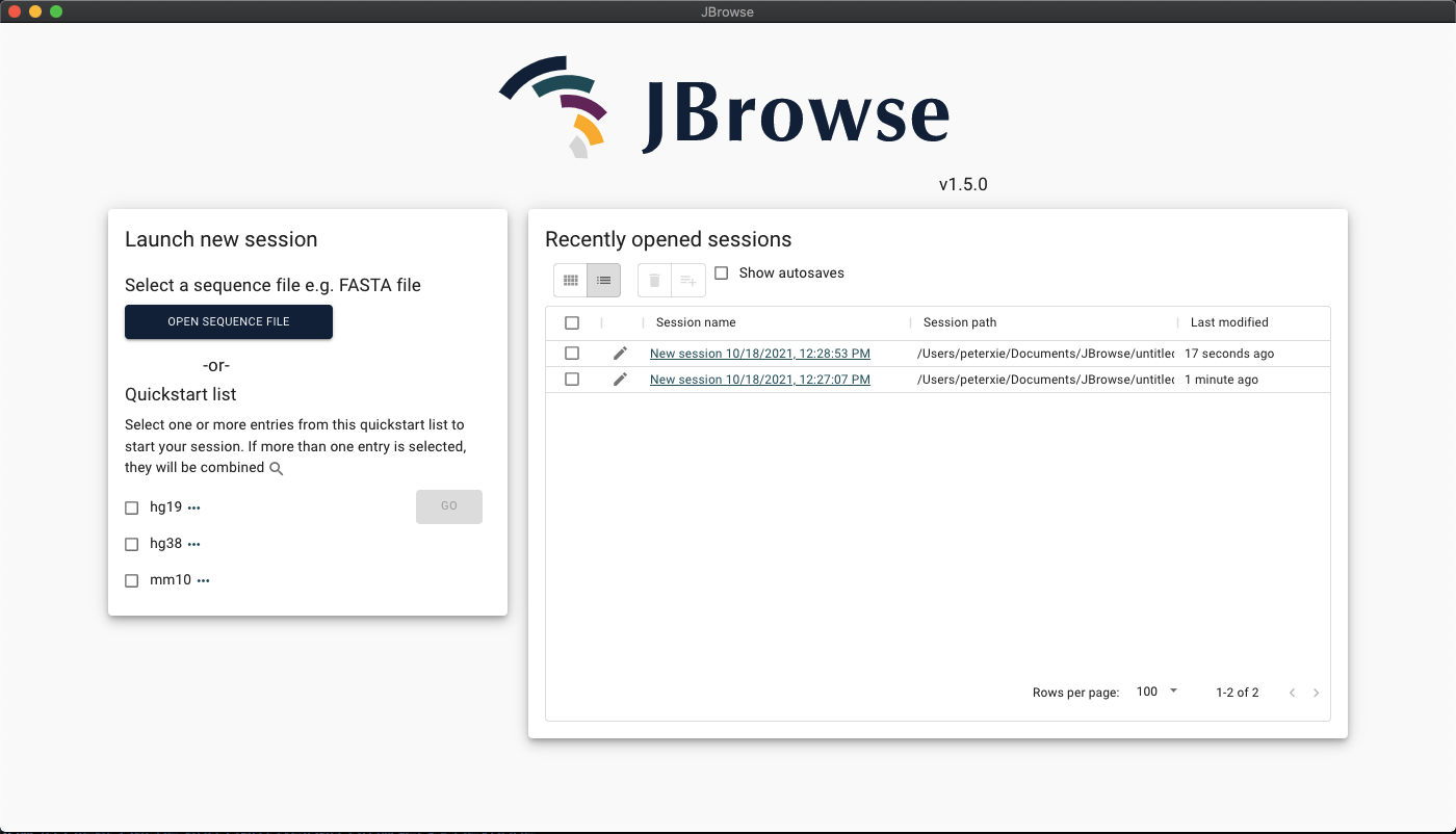Screenshot showing the start screen on JBrowse desktop