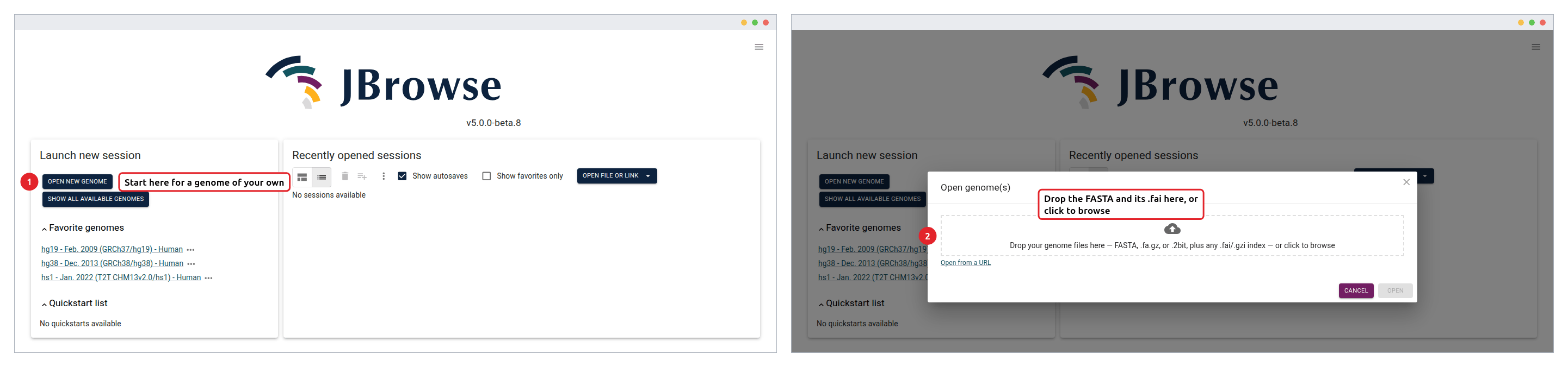 Opening a genome from your own files. Open new genome (1) brings up the dialog, and the sequence file goes onto its drop area (2).