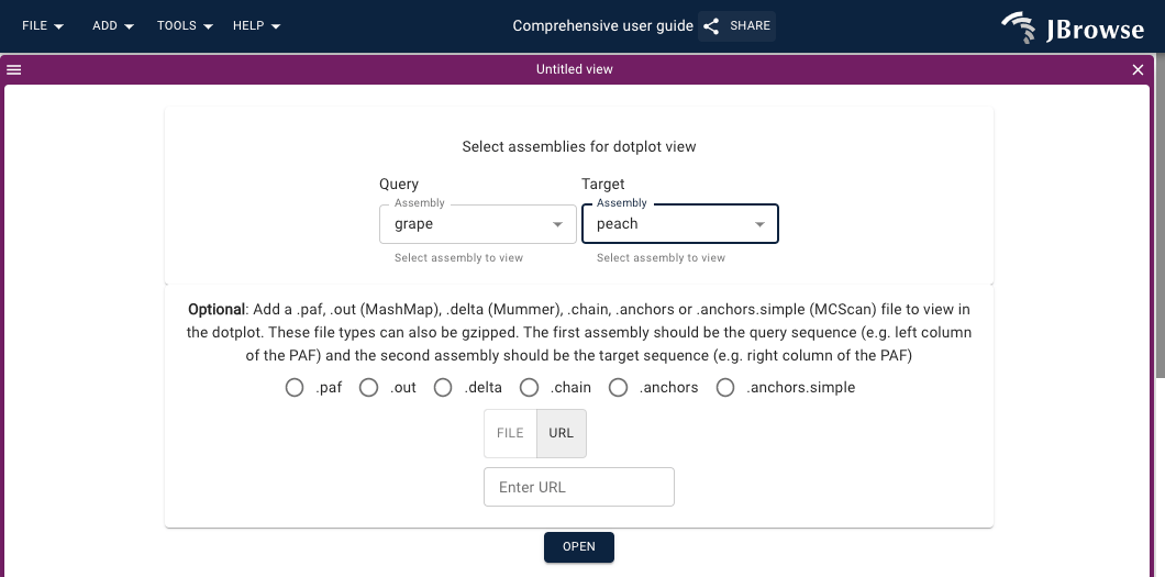 Screenshot of the import form for a dotplot or synteny view. You can select two different assemblies and an additional file can be supplied.