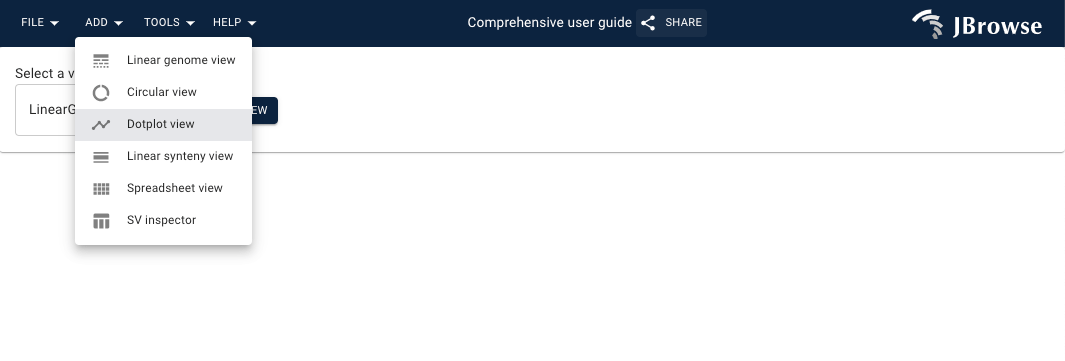 Adding a new dotplot or synteny view via the menubar.