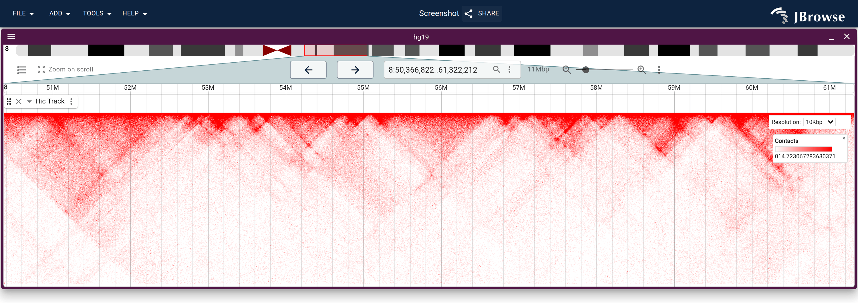 Show → Show legend and Show → Show resolution controls, both off by default. The overlay gives the color scale with its endpoints and a binsize dropdown, which is how a chosen resolution gets pinned into an exported figure.
