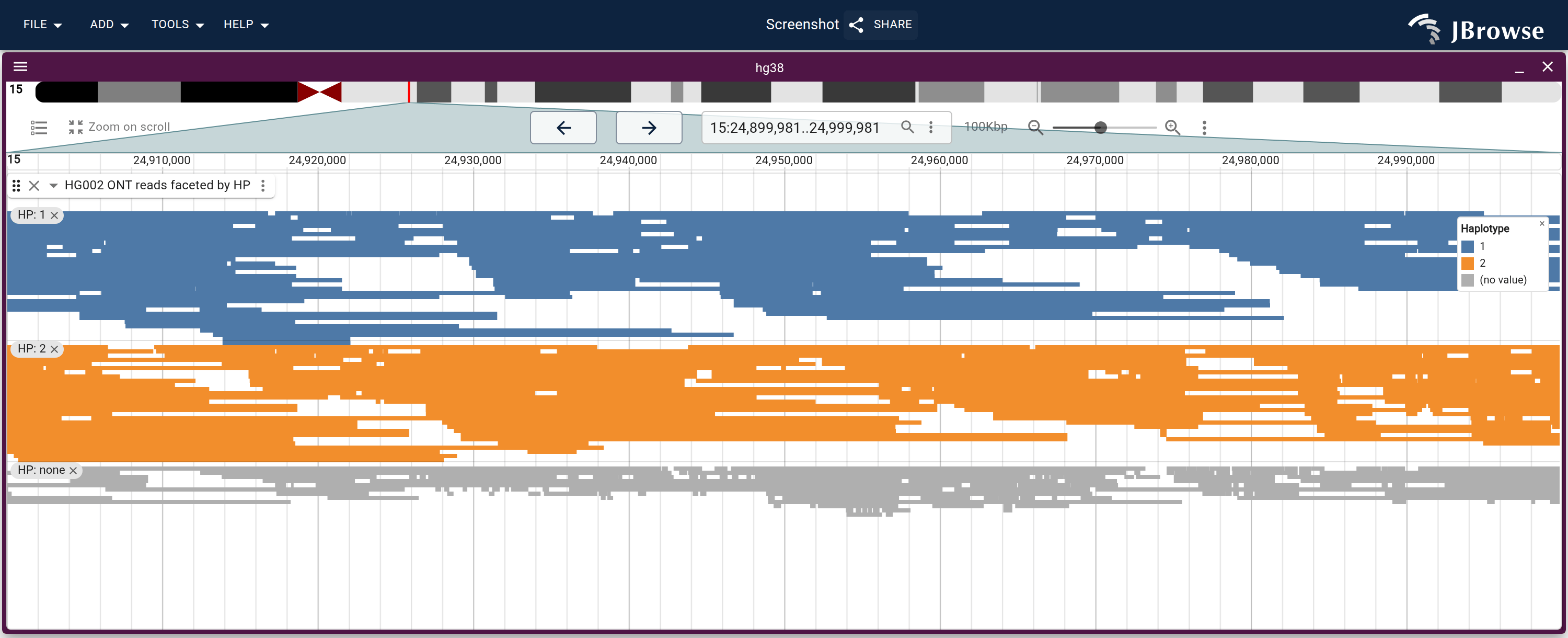 HG002 ONT reads faceted by their HP tag: each haplotype's reads packed into a separate band under the chip that names it, and the untagged reads in a third.