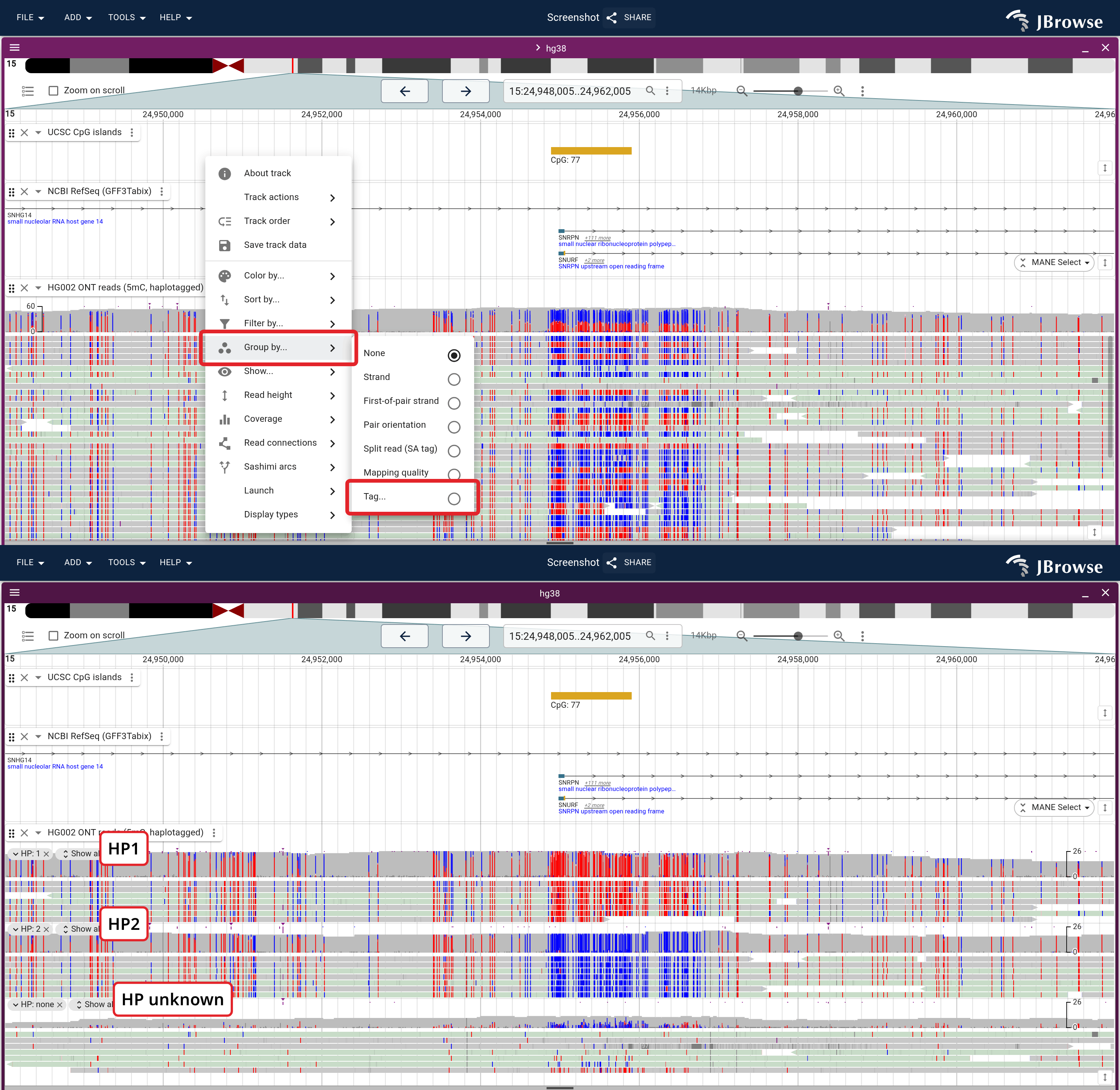 HG002 ONT reads over the SNRPN CpG island, colored by 5mC with unmethylated CpGs in blue. Top: file order, with the track menu open at Group by... → Tag.... Bottom: the same reads grouped by the HP tag, one band per haplotype and one for untagged reads.