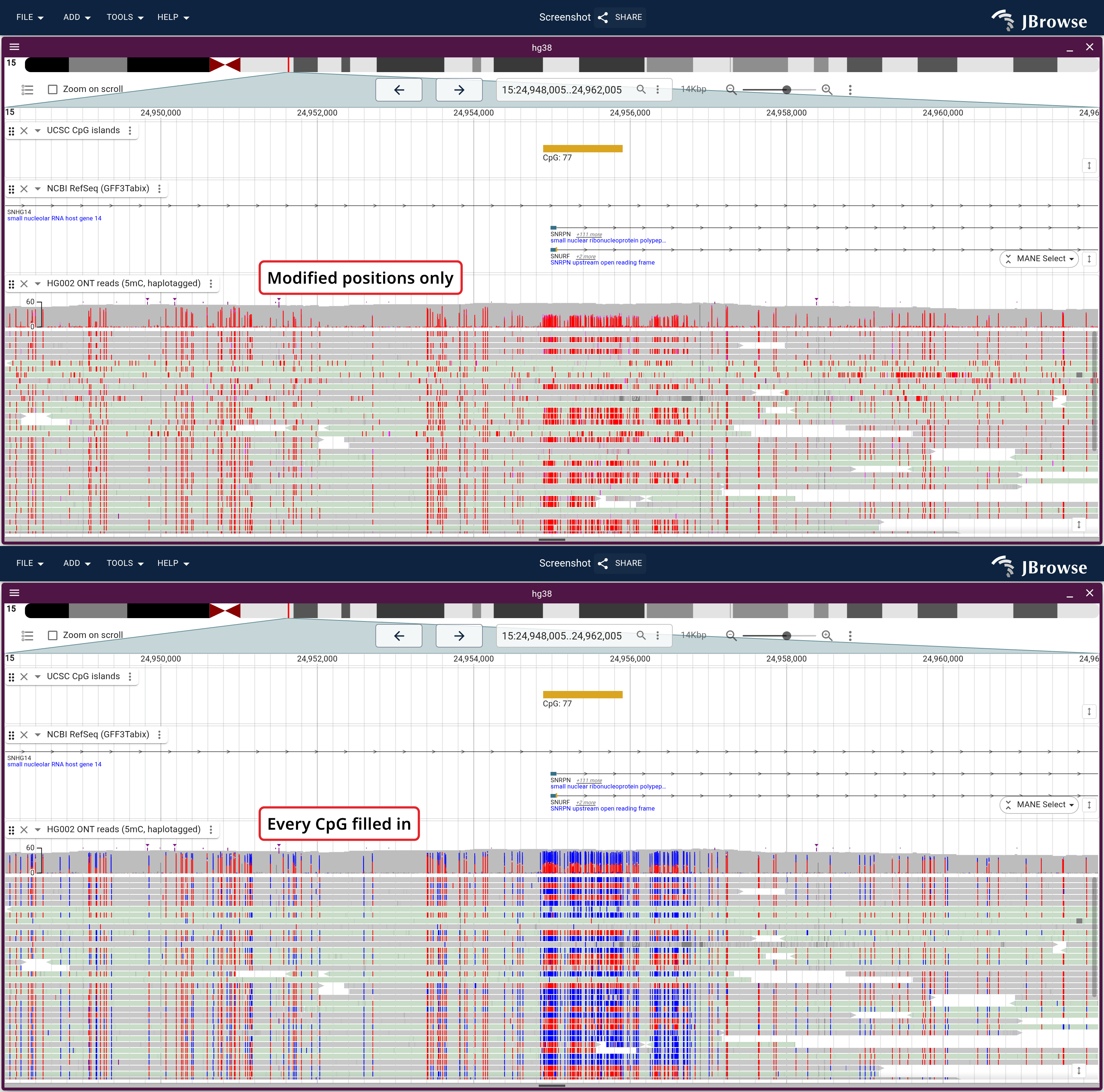 HG002 ONT reads over the SNRPN CpG island in both modification color modes. Top, the MM tag's modified positions alone, red against bare read bodies. Bottom, the same reads with every unmarked CpG filled in, so a read with no methylation reads blue where it was blank.