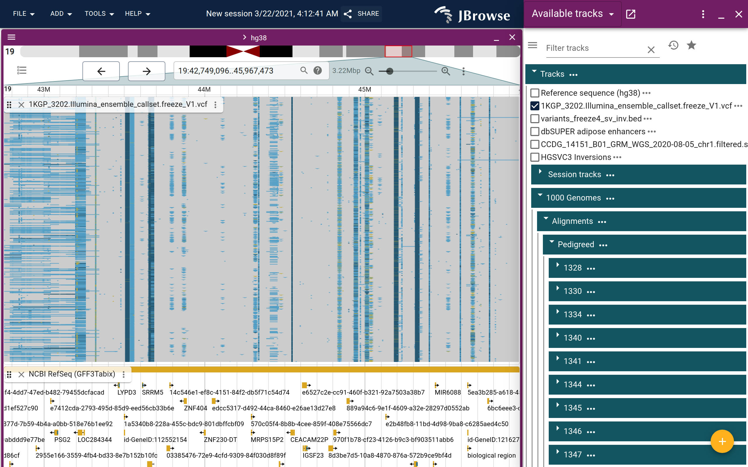 chr19 region containing the large inversion shown in the 1KGP SV callset alongside pileup tracks from multiple samples. The dense colored variation in the alignment tracks reflects the two orientations of the inverted segment segregating in the population. The track selector panel on the right shows the 1000 Genomes track categories; enabling 1000 Genomes → Alignments adds coverage and pileup panels per sample.