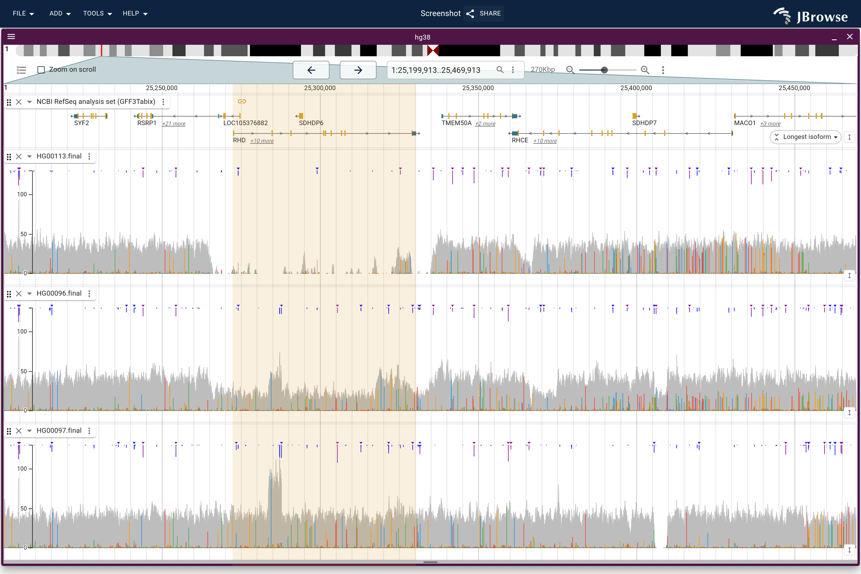Coverage over the RHD deletion in three samples on one shared axis, with the RHD span banded. Top, HG00113 with no copy; middle, HG00096 with one; bottom, HG00097 with two.