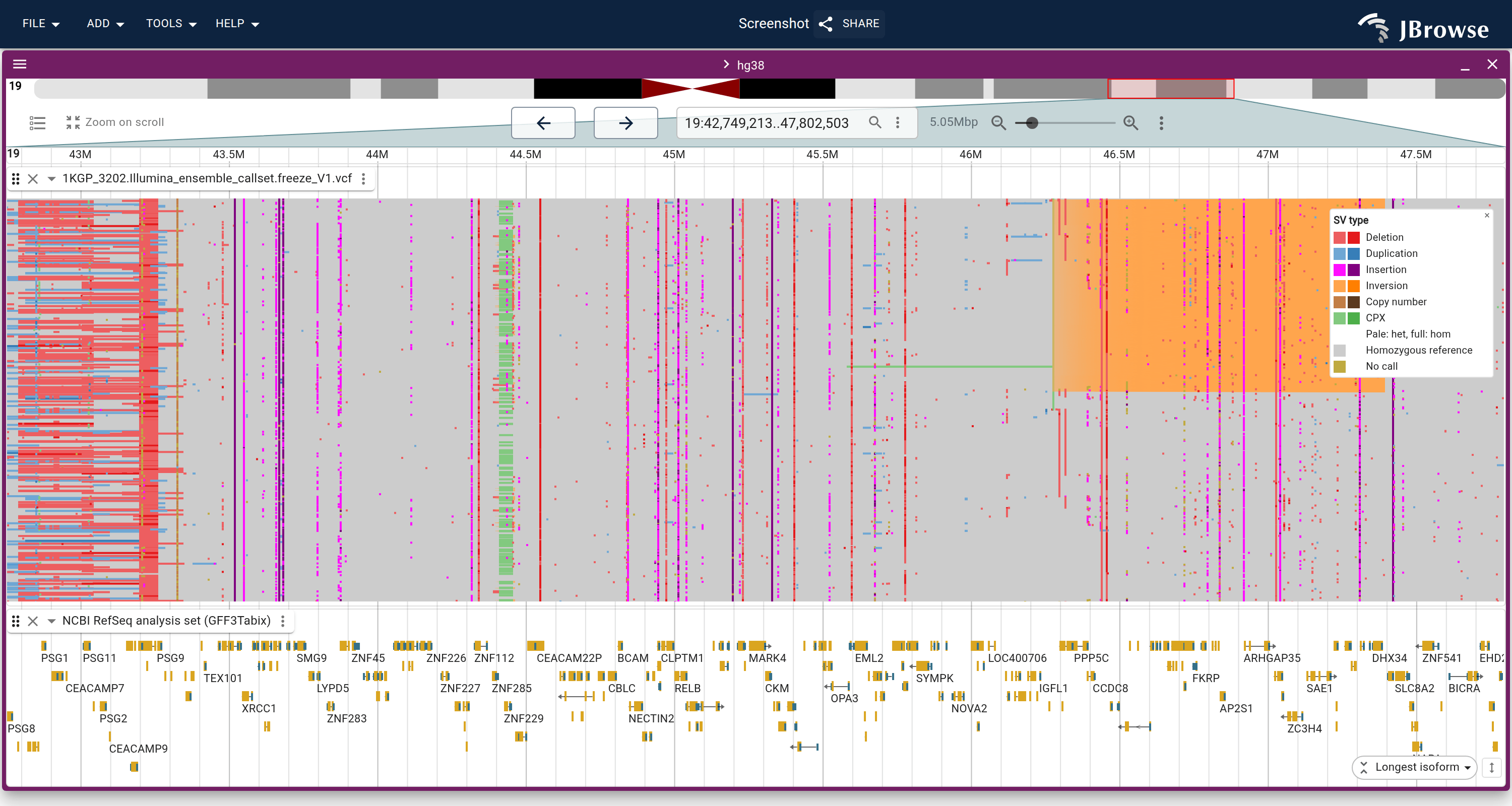 1000 Genomes SV ensemble callset on chr19 colored by SV type, each alt-carrying cell taking its variant's class color. The legend names every class present, including the callset's complex (CPX) events.