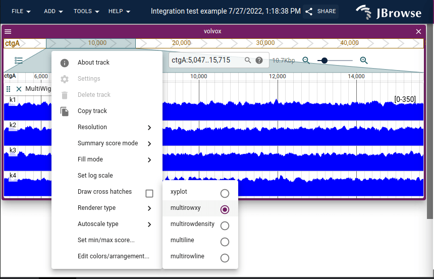 Track menu for the multi-quantitative tracks showing different renderer types.