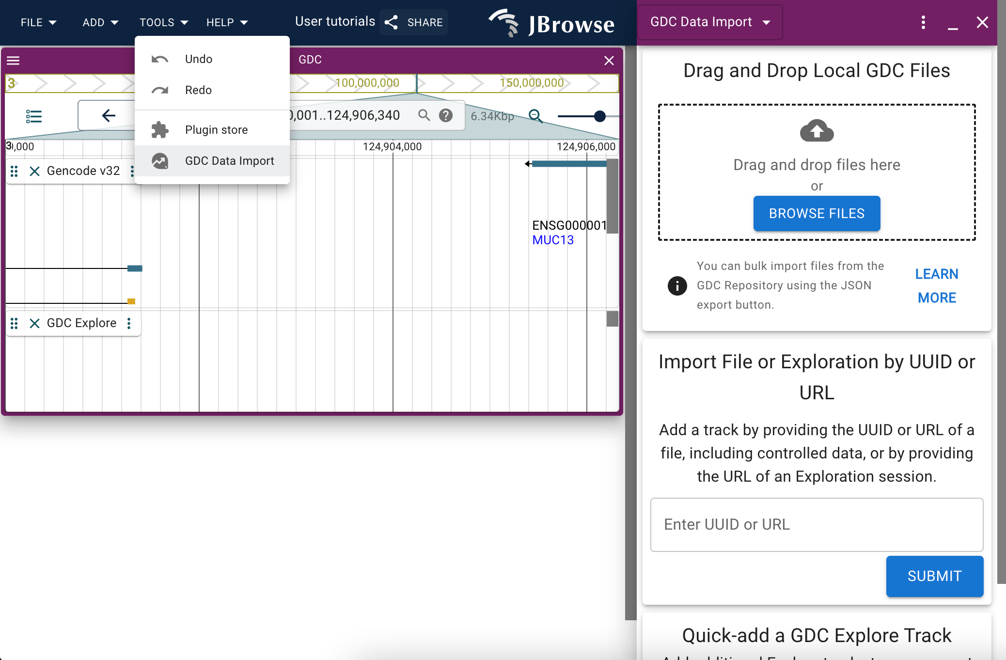 A screenshot of the GDC data import panel opened to the right, and the access to the panel available through the tools menu.