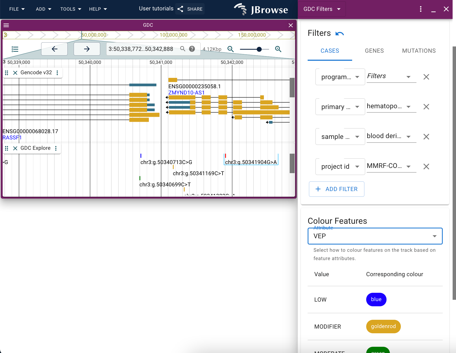 Screenshot showing several filtering options applied to a GDC explore track, as well as a unique coloration option applied with its legend.