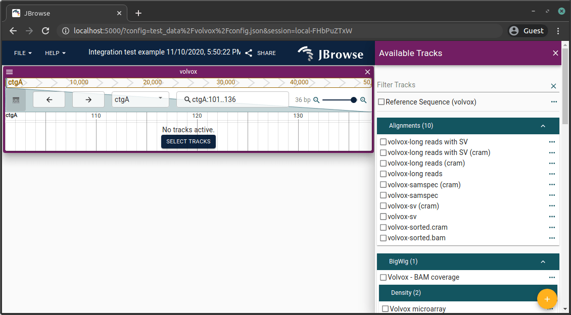 JBrowse 2 screen with a sample configuration