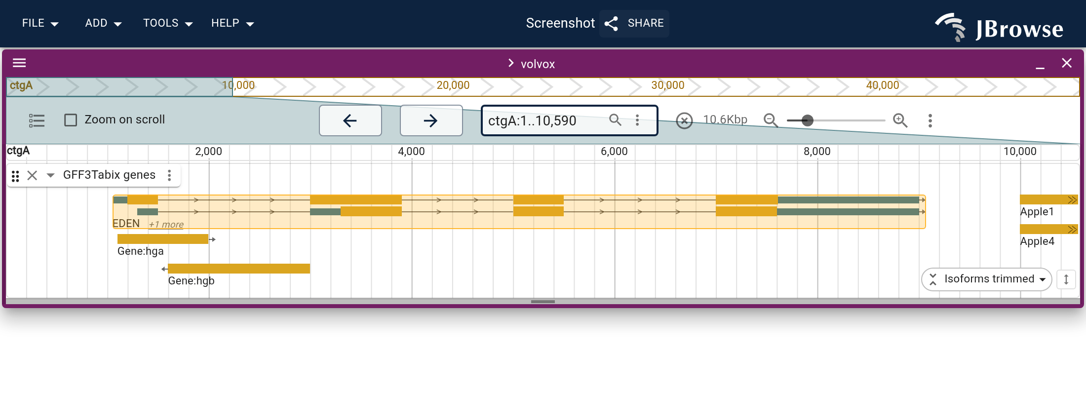 Selecting a feature from the search results pins it to the top of its track and boxes and tints that specific feature.