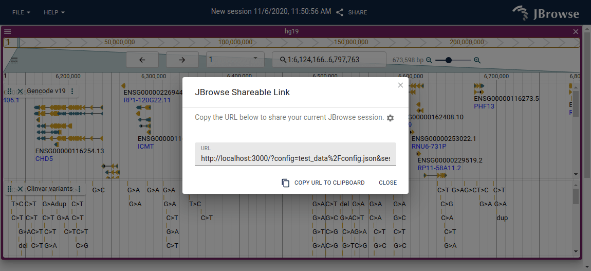 The session share dialog, which gives you a short URL to share your session with other users. It is important to use the URLs generated here, rather than copying and pasting your browser's URL to other users.