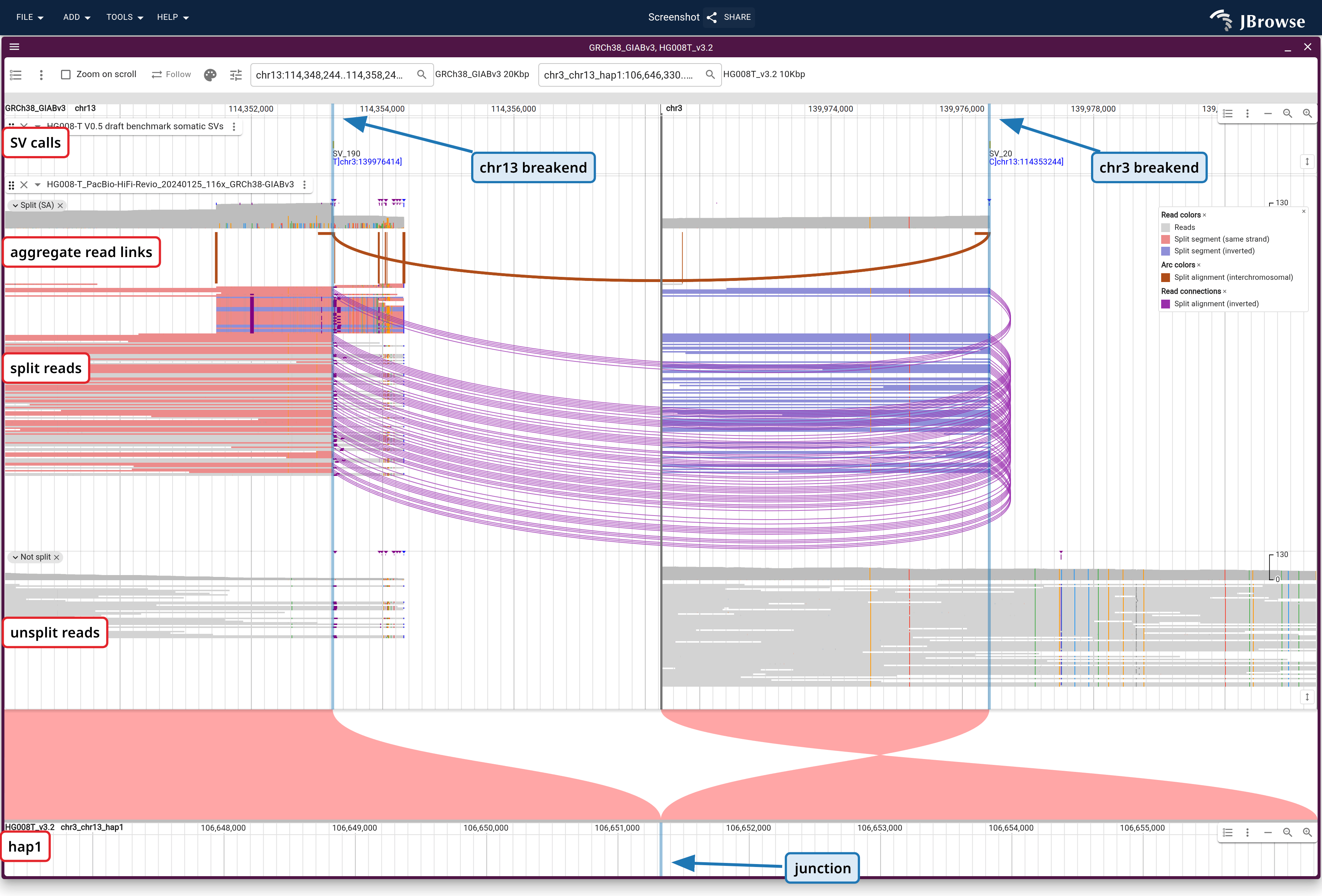 The junction at base level: the two 10 kb reference windows of the breakpoint split view, with the benchmark calls and the tumor reads on them, grouped by split read, above chr3_chr13_hap1. The reads stop at each breakend, a curve joins the two halves of each read split across the junction under one arc that totals them, and the scaffold runs through. The chr3 ribbon twists because the scaffold carries chr3 on the reverse strand.