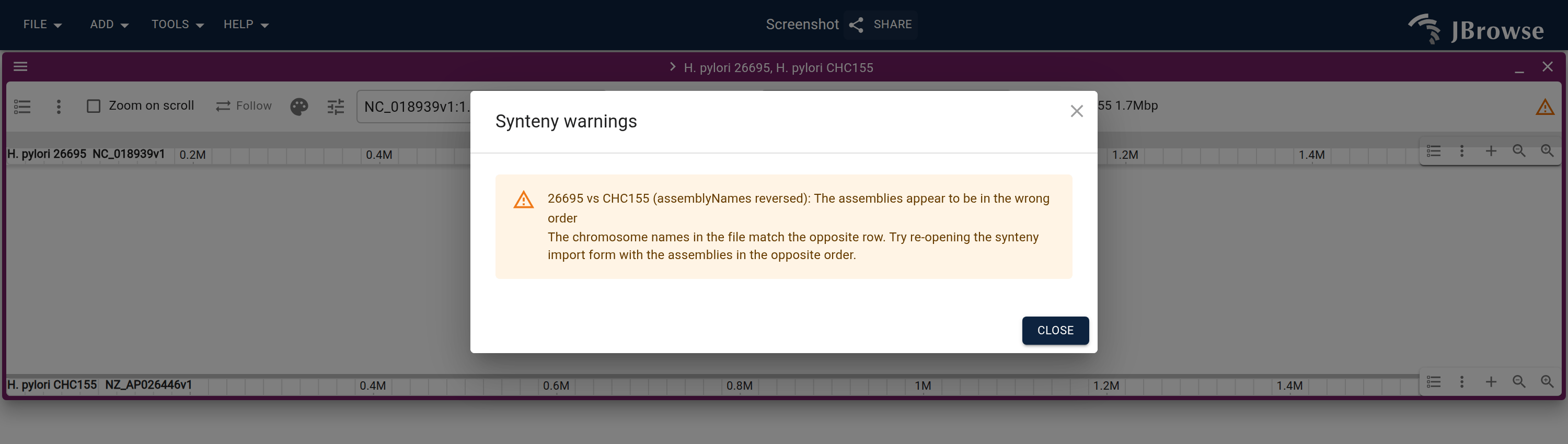 A synteny track whose assemblyNames are reversed. No chromosome name resolves, so the band is empty, and the warning icon in the header opens a dialog reporting the reversal.