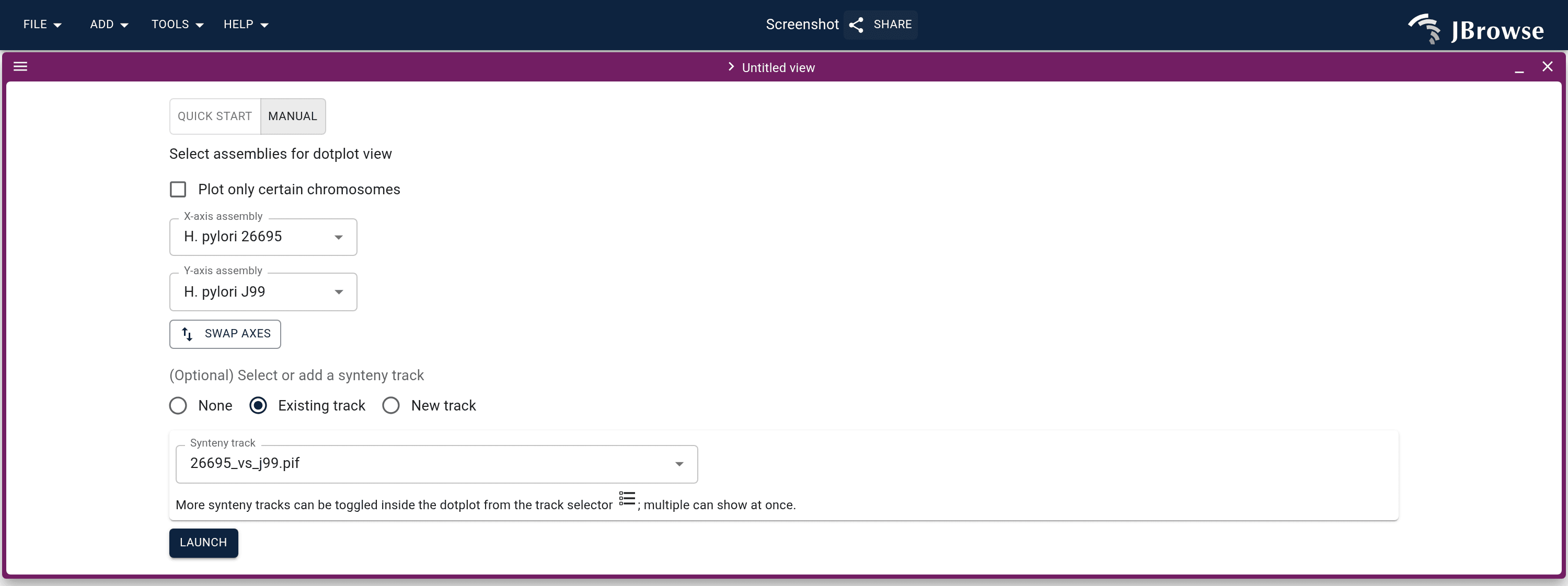 The dotplot import form in Manual mode, where you pick the X-axis and Y-axis assembly by hand, then optionally add a synteny file in any of the formats it accepts.