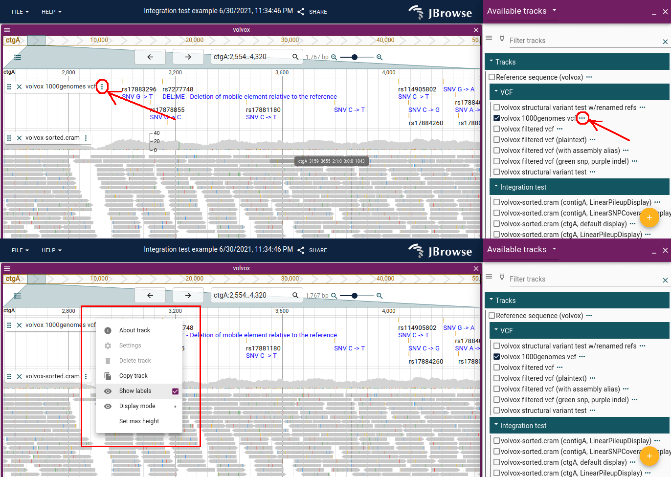 Screenshot showing how to open the track menu (both in the track selector area and in the track label area of the linear genome view), and an example of a VCF track with it's track menu open