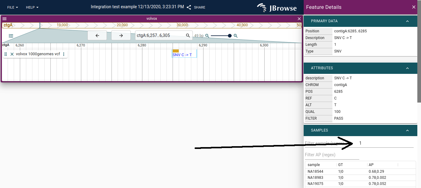 Screenshot showing the variant feature sidebar with a filtered by genotype (with alternative allele '1'). Users can also filter by sample name or other attributes.